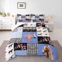 Manfei 3D Horse Child Queen Comforter Set, Rustic Farmhouse Patchwork Bedding Sets, Blossoms Flower Floral Reversible Bedding Comforter Set, Microfiber Bedroom Decor, 3 Pieces