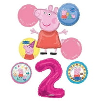 Peppa Pig 2nd Birthday Party Balloon Bouquet Bundle, for 2 Year Old, Includes 8 Balloons