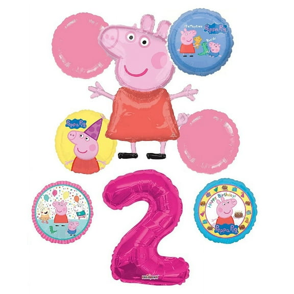 Peppa Pig 2nd Birthday Party Balloon Bouquet Bundle, for 2 Year Old, Includes 8 Balloons