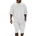 thumbnail image 3 of VBTAPA Mens 2 Piece Outfits Solid Casual Tracksuit Shorts Fashion Summer Sweatsuit Oversized Short Sleeve Textured T Shirt and Shorts Set Birthday Gifts White M, 3 of 7