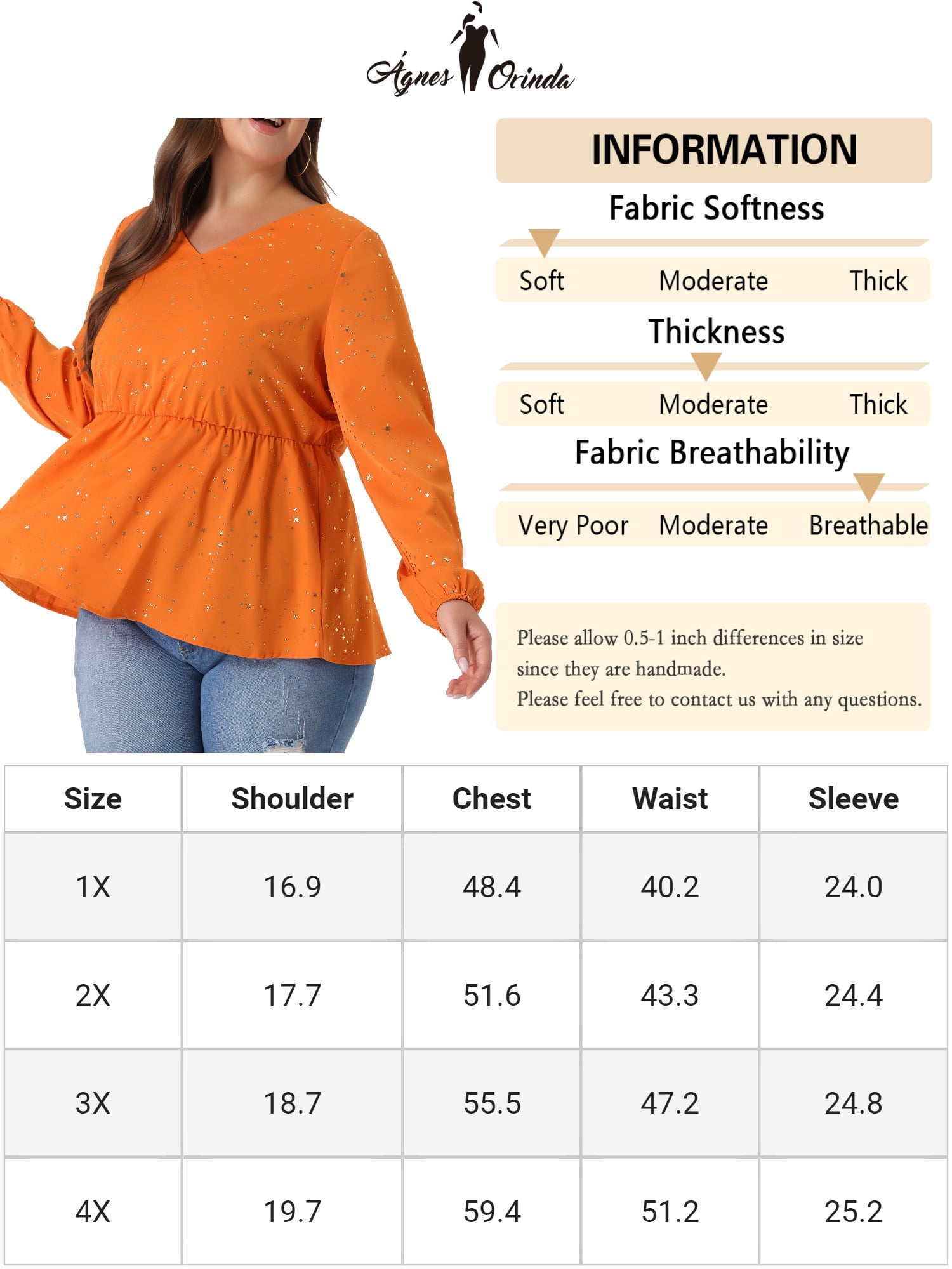 DARING DIVA Women's Plus V Neck Peplum Top Ruffled Elastic Waist Blouse 3X Orange