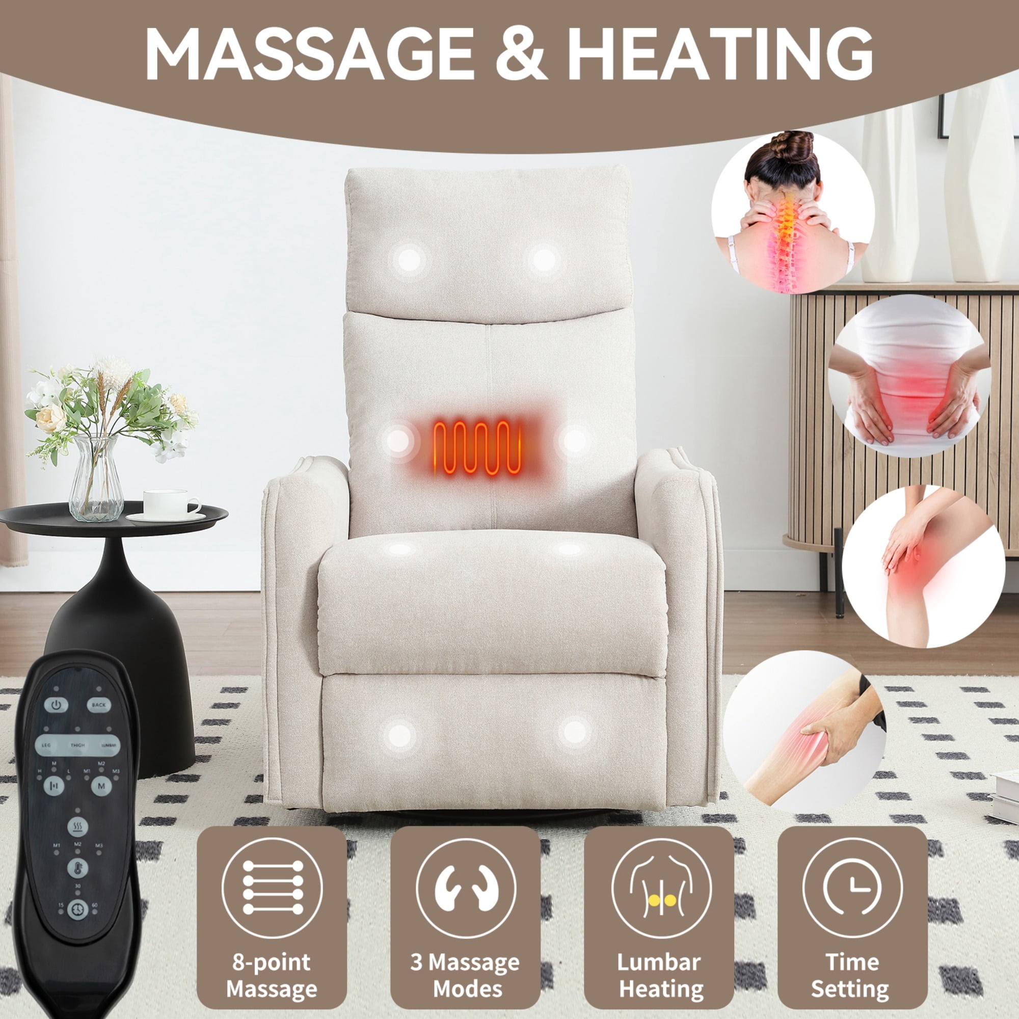 JXXRZ Heated Massage Swivel Rocker Recliner Chair w/ Manual Recline & Breathable Fabric, Beige