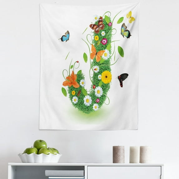 Letter J Tapestry, Inspirational Language Items Featured Floral Butterfly Vivid Petals Flouris Nature, Fabric Wall Hanging Decor for Bedroom Living Room Dorm, 5 Sizes, Multicolor, by Ambesonne