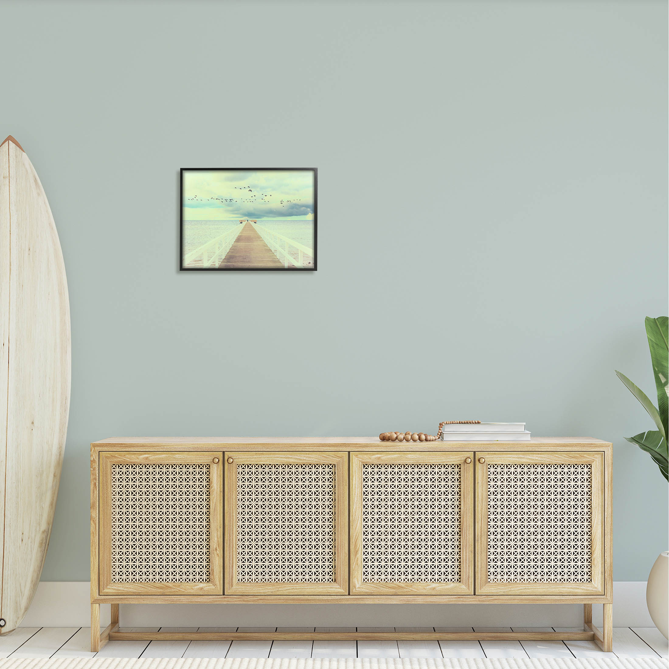Distant Dock Peaceful Coast Shore Coastal Photograph Black Framed Art Print Wall Art