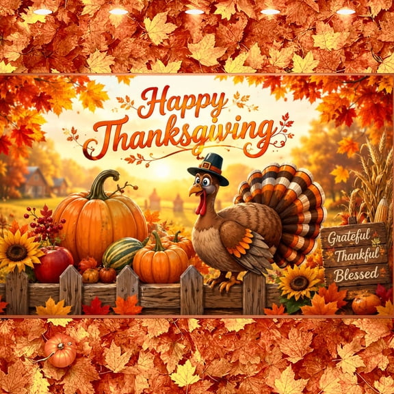 Rustic Farmhouse Happy Thanksgiving Banner Warm Tone Thanksgiving Backdrop Harvest Fall Background for Thanksgiving Dinner Family Gathering Outdoor Party