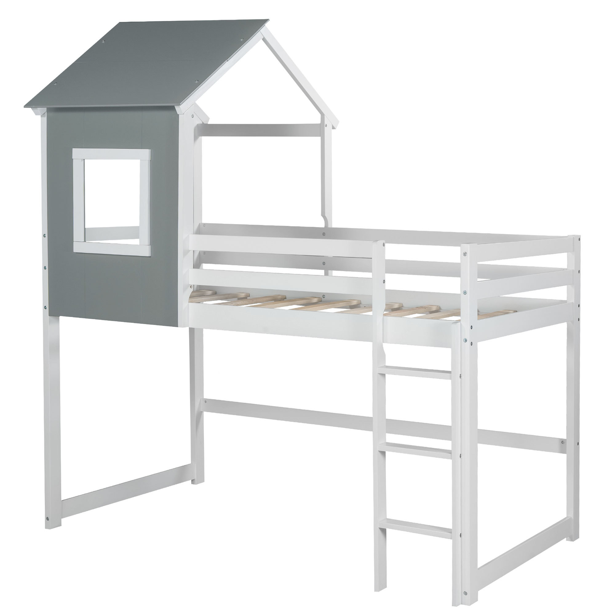 Twin over Twin Low Bunk Bed, Loft House Bed with Roof, Front Window, Ladder, Fence-shaped Guard Rail, Pine Floor Bunk Bed for Kids, Bedroom, Apartments, No Box Spring Needed