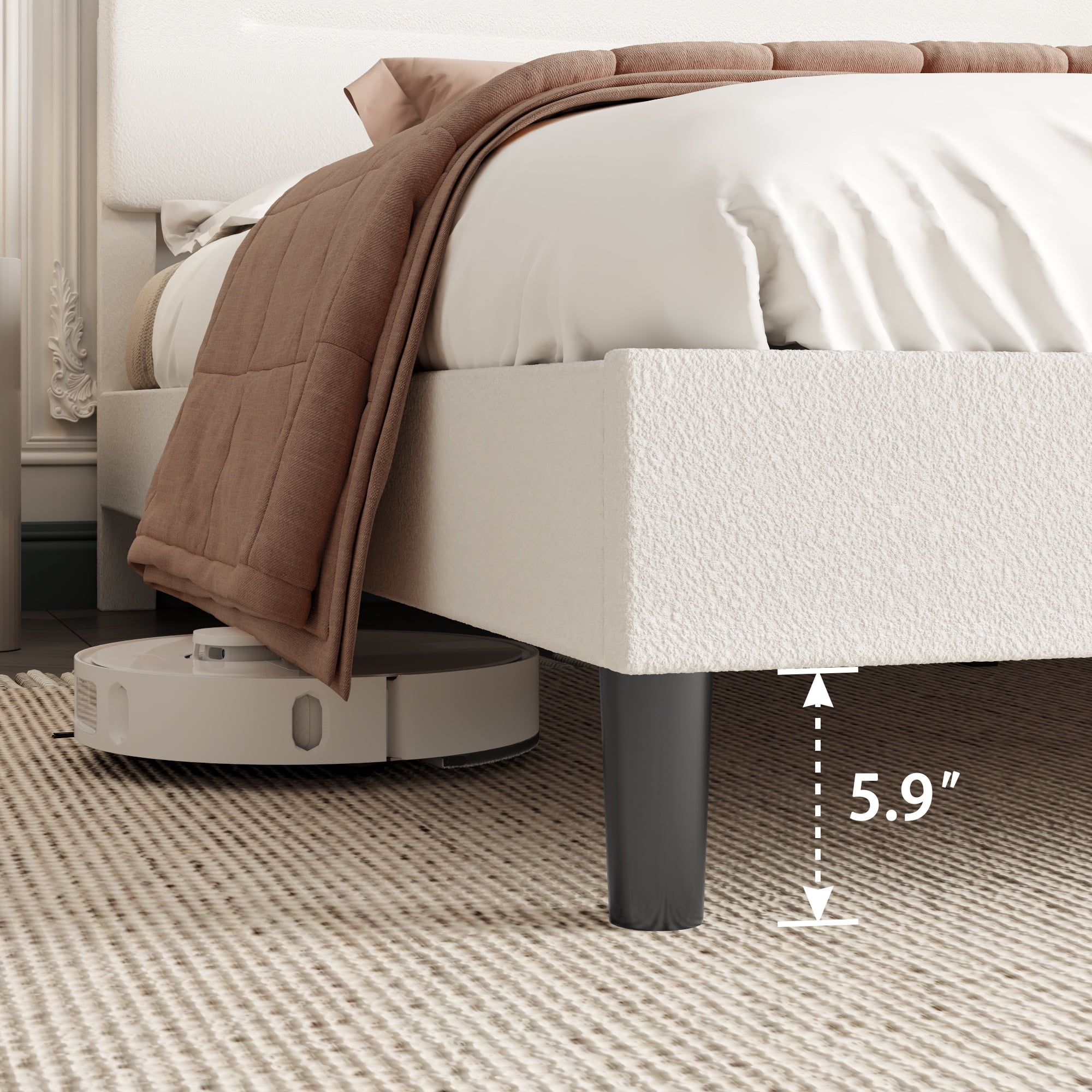 Tydimor King Bed Frame with Teddy Velvet Soft Curved Headboard, Platform Bed Easy Assembly, Noise-Free, White