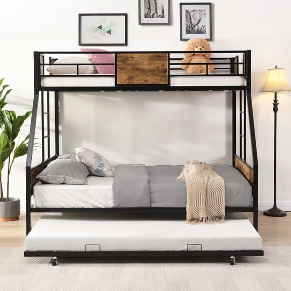 Modern Twin Over FULL Metal Bunk Bed with Trundle - Easy Assemble, Under Bed Storage