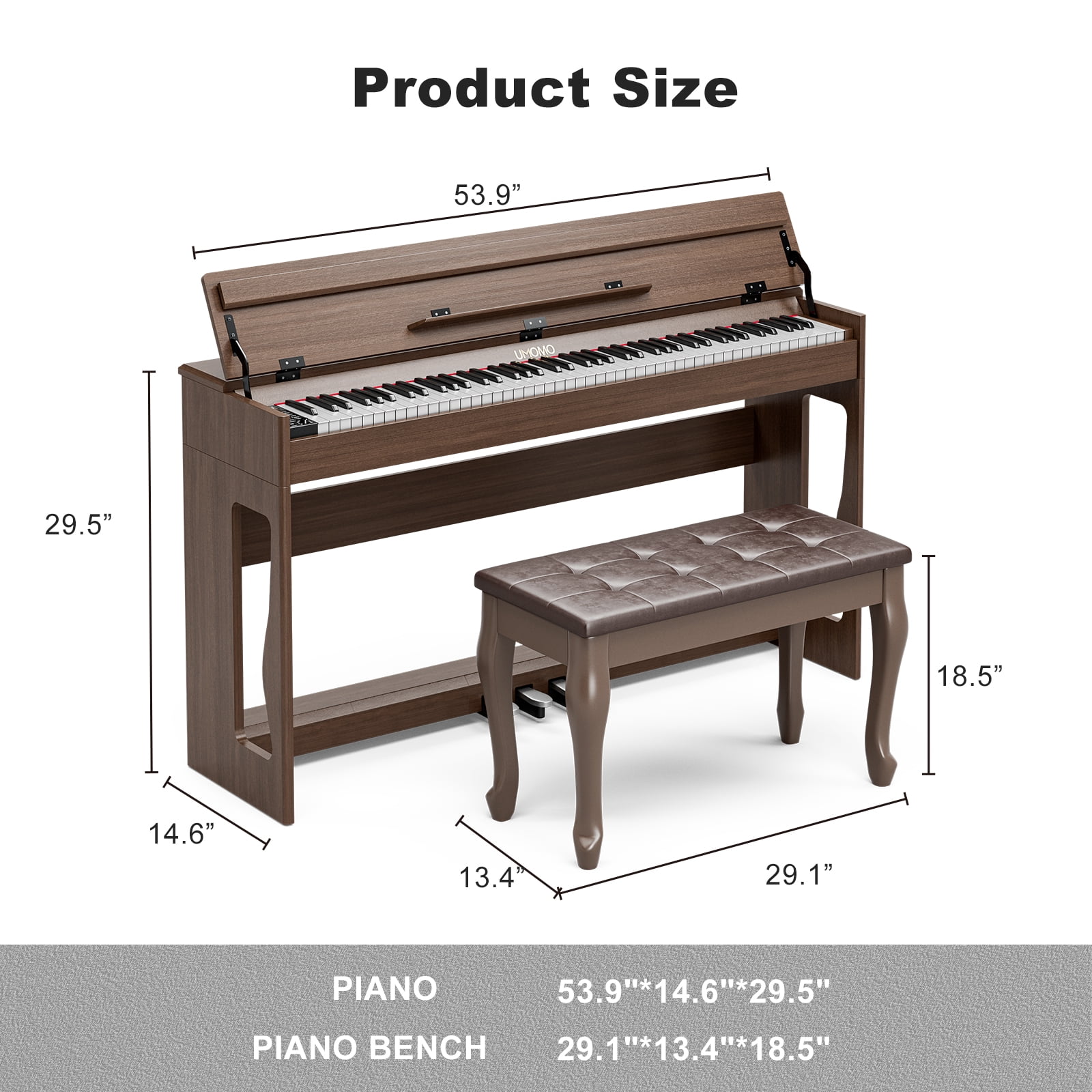 UMOMO 88 Weighted Key Digital Piano with Duet Piano Bench, Beginner Keyboard Piano Full Size Heavy Hammer Weighted Action Electric Piano Keyboard with USB MIDI, Walnut