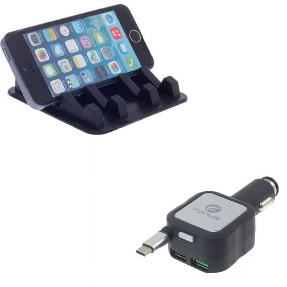 Retractable Car Charger w Non-Slip Mount Holder L2J for Acer Liquid Jade Primo - Alcatel PulseMix, 7, Idol 5S 5 4S - ASUS Zenfone V Live, ROG Phone, AR 6 5z 4 Pro - Blackberry Motion, Key2