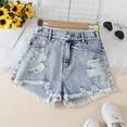 thumbnail image 2 of Ticikt Girls Ripped Jean Shorts 7-12Y, Y2K Mid Waist Straight Leg Denim Shorts with Elastic Waistband & Frayed Hem,Color:Blue,Size:11-12 Years, 2 of 8