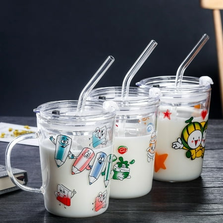 

chaolangshun 350ml Pencil Luck Watermelon Double Wall Water Milk Glass Cup Tea Mug with Lid
