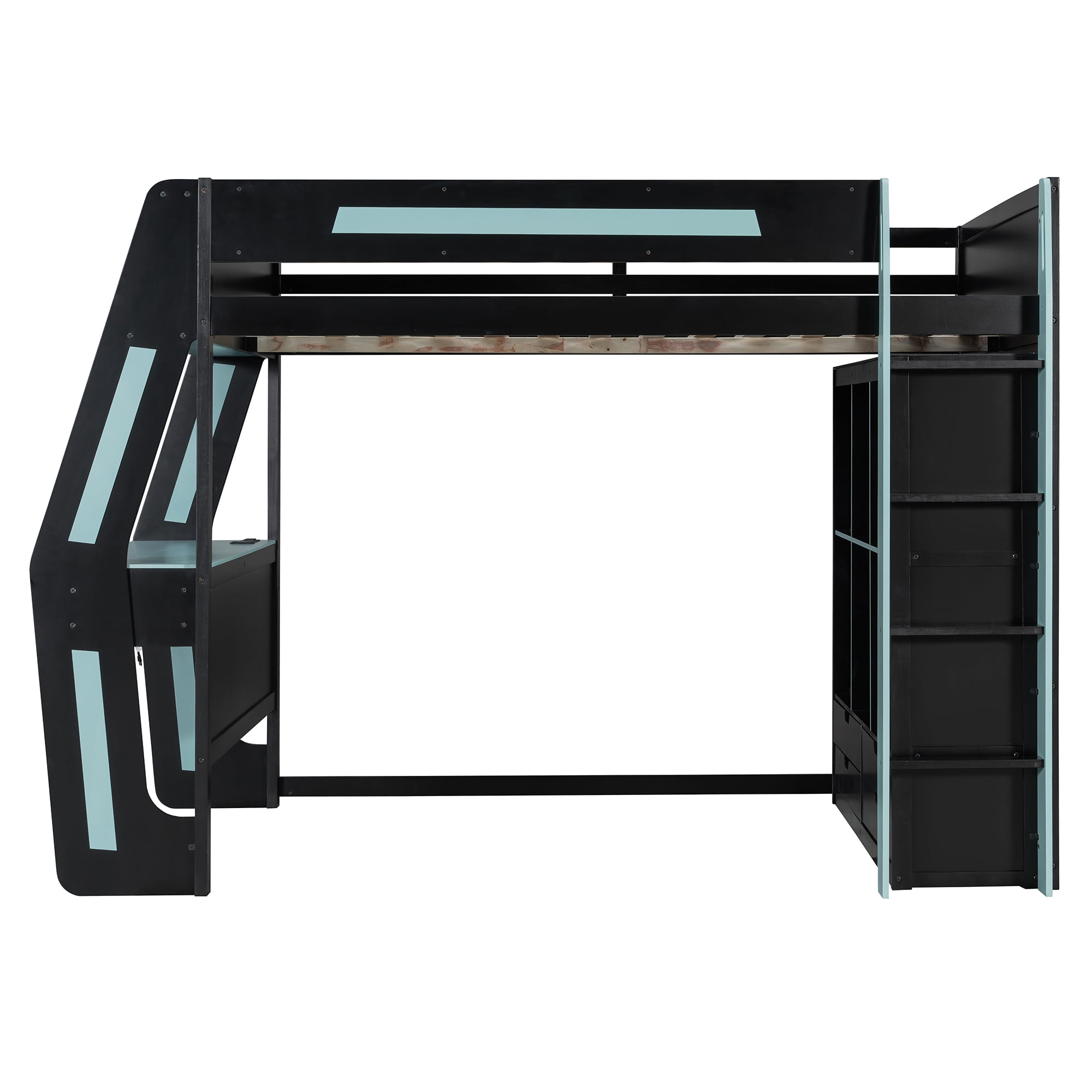 Mintazer Full Gaming Loft Bed with Lights & Desk, Modern Loft Bed with 6 Cubbies & 6 Storage Drawers, Black & Red