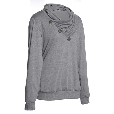 Cowl Neck Decorative Buttons Plain Sweatshirts