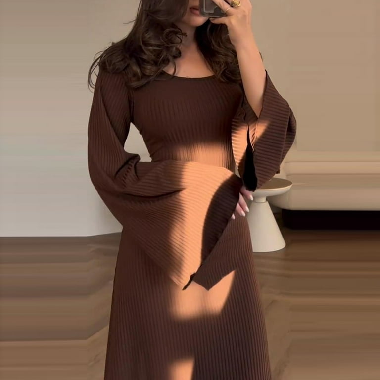 Prolriy Long Sleeve Dress for Women Elegant Bodycon Dress Crew Neck Long  Dress Elegant Long Sleeve Ribbed Bodycon Maxi Dresses Womens Dresses Brown  M - Walmart.com