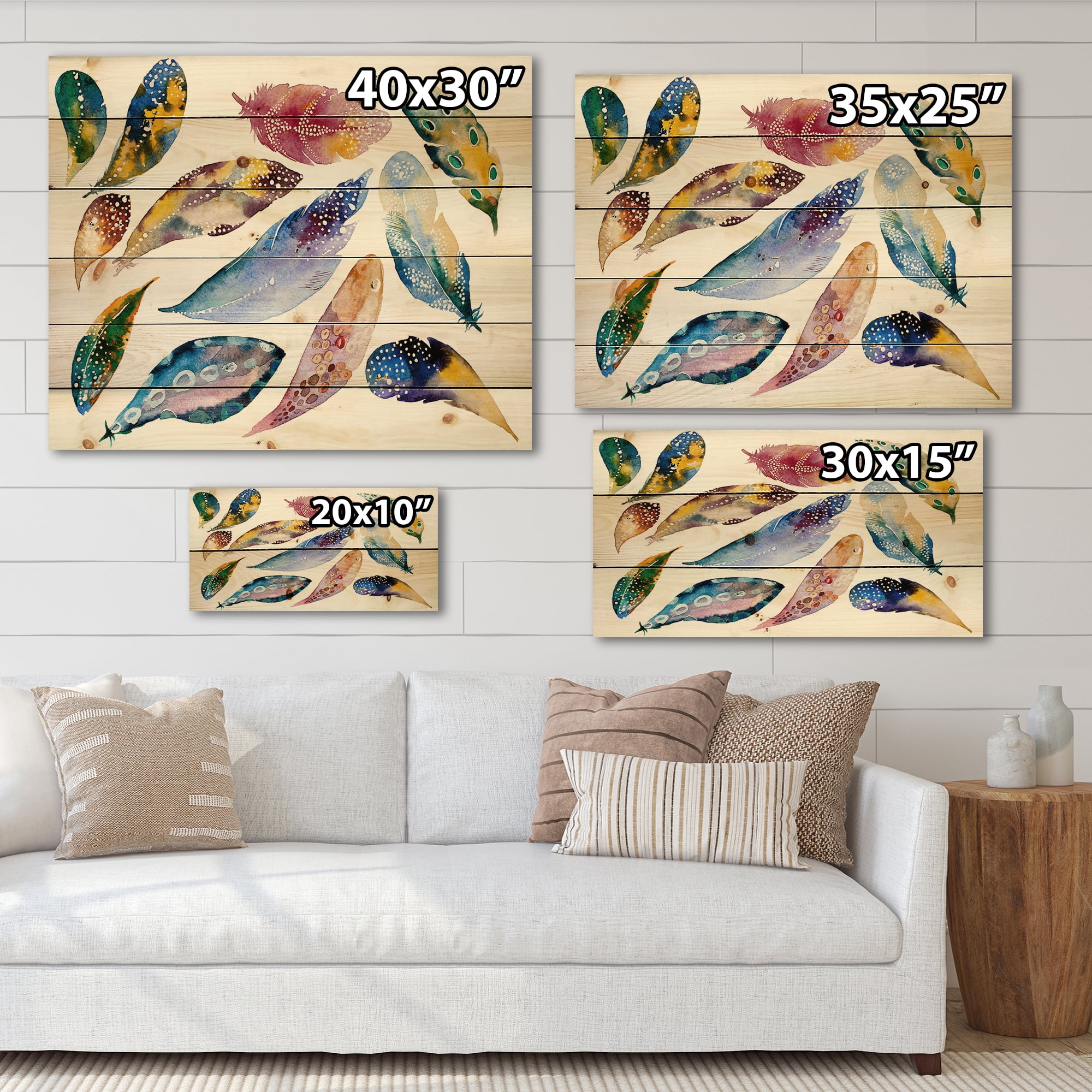 Designart 'Colourful Boho Feather Set On White VI' Bohemian & Eclectic Print on Natural Pine Wood