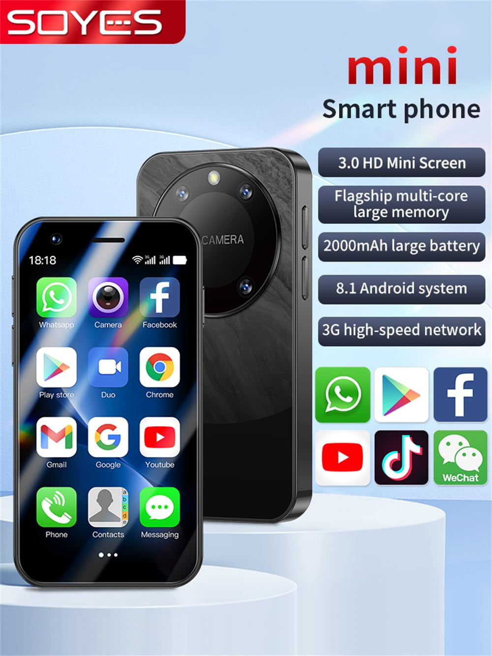 Mini Smartphone for Kids SOYES F8 Pro Max 3G Unlocked 3'' Small Size Mobile Phone 2000mAh 1GB 16GB Android 8.1 WiFi MP3 MP4 Bluetooth Novel Student Cellphone Gift