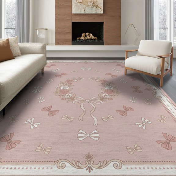 ODIKA 8'x10' Washable Area Rug Frame Border Dainty Polka Dot Cute Motif Wreath Centerpiece Playful for Living Room, Under Sectional, Family , Durable, Non-Slip