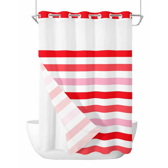 No Hook Cloth Fabric Shower Curtain with Snap in Liner, Red Pink Striped Waterproof Shower Curtains Set with See Through Top Window, Farmhouse Stripes Simple Art Bath Curtains Shower 48"x72"