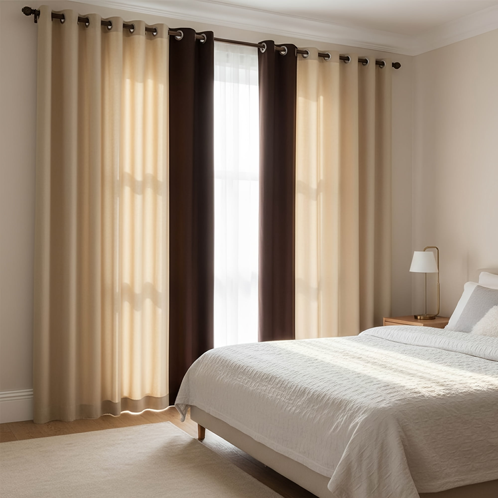 (Set of 2 Panels) Elegant Creamy Beige & Coffee Luxury Velvet Curtains, Modern Mansion Style Grommet Top Heavyweight Drapes