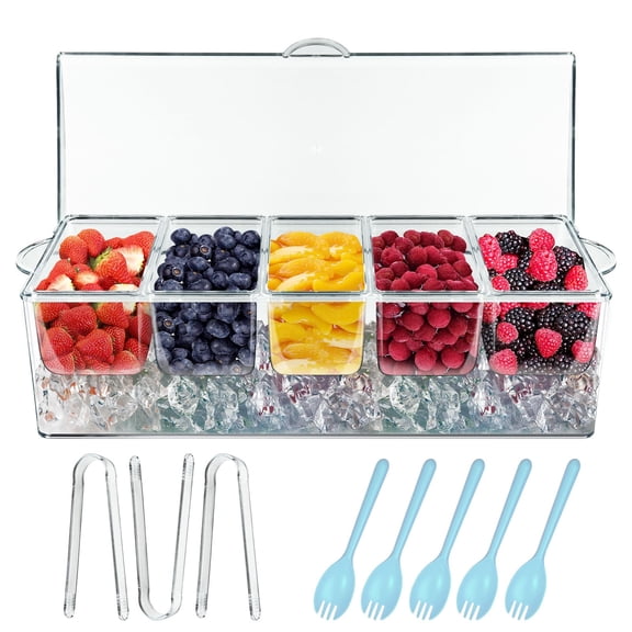 INNOVATIVE LIFE Chilled Condiment Server with 5 Removable Compartments Container, Garnish Tray with Lid for Bar, Serving and Dishes