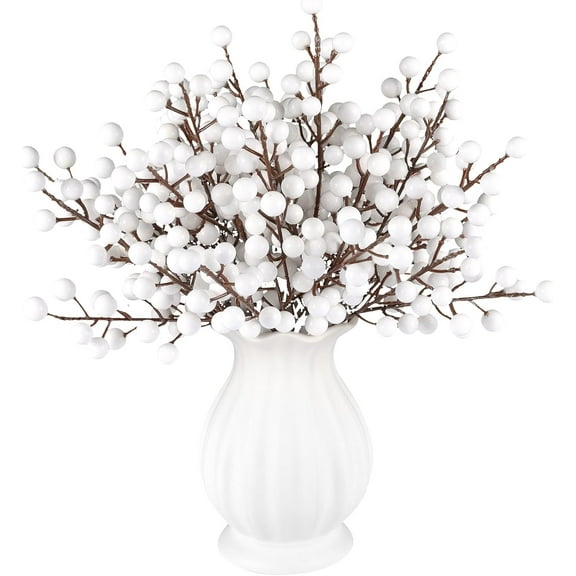 40 Pcs Artificial Berry Stems Branches, Christmas White Faux Holly Berries Picks Ornaments for Christmas Tree Wreath DIY Craft Decorations Holiday Home Decor (40, White)