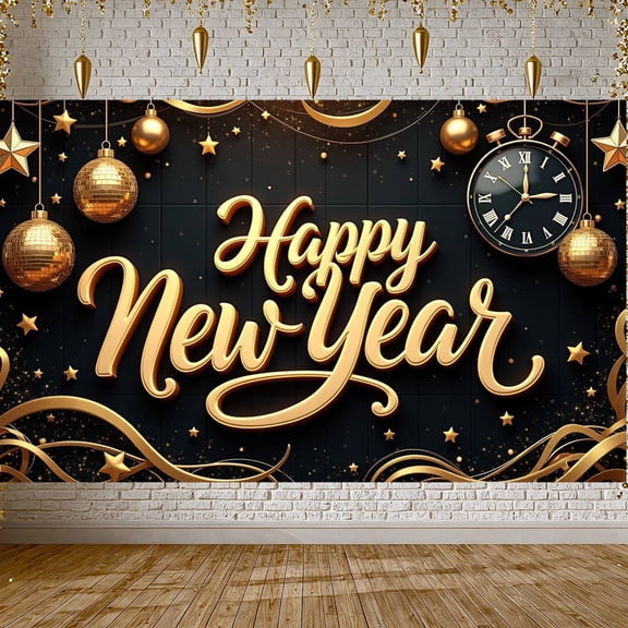 Gold Theme Happy New Year Banner Disco Ball Decor New Year Display Star Ornaments Clock Design Holiday Backdrop for New Year Party Holiday Celebration Family Gathering