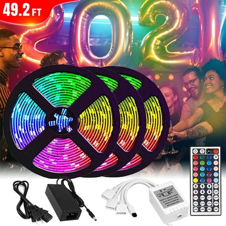 49.2ft RGB LED Light Strips 3528 LED Tape Lights Color Changing LED Strip Lights for Home Lighting Kitchen Bedroom Decoration with 44 Key IR Remote Controller