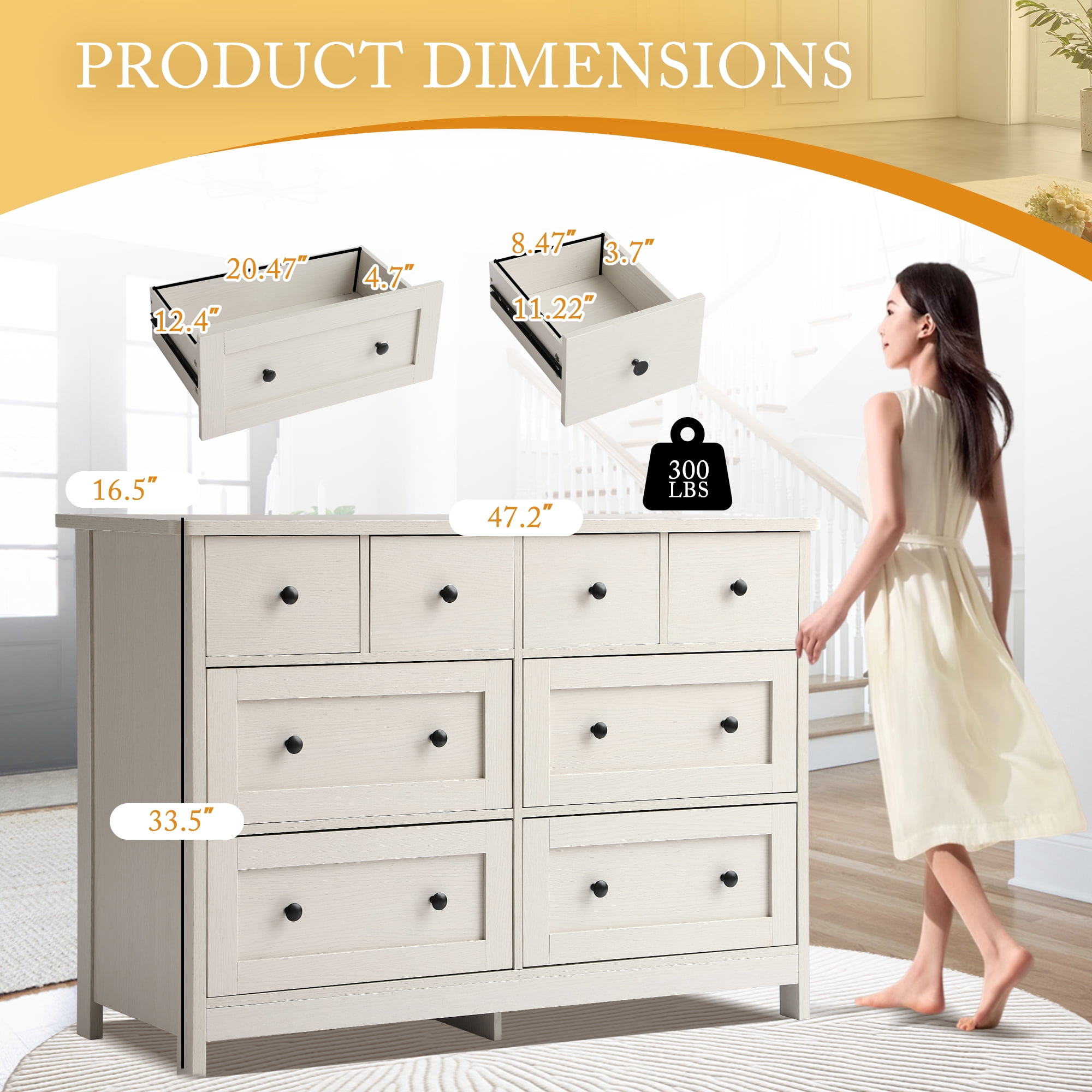 Haverchair 8 Drawer Dresser for Bedroom, Wood Chest of Drawers with Smooth Metal Rail, Large Dressers, Modern Bedroom Dressers with 8 Drawers Cabinet TV Stand
