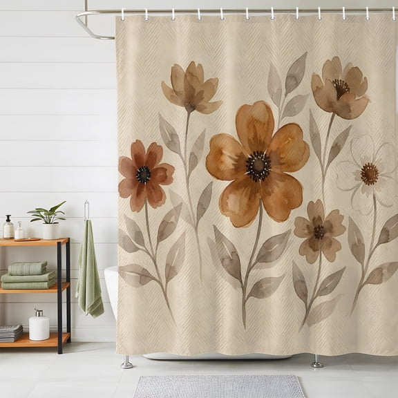 Shower Curtains for Bathroom, Brown Rustic Flower Waterproof Fabric Shower Curtain, Watercolor Floral Leaves Retro Botanical Decorative Bathroom Curtain for Bathtub, 36"x72", No Hooks Included