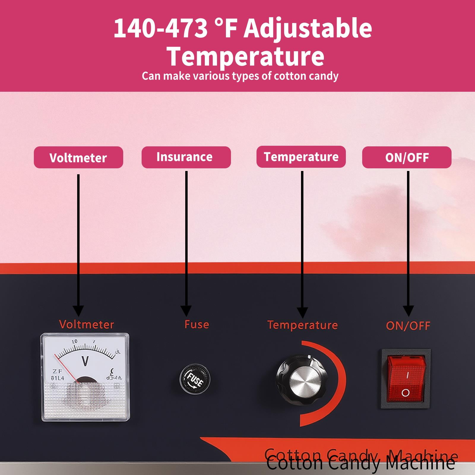 Commercial Cotton Candy Machine, 1000W Electric Candy Floss Maker with 15" Stainless Steel Bowl Sugar Scoop, 149℉-473℉ Adjustable Temperature for Home, Carnival, Kids Birthday, Family Party, Pink