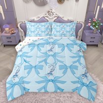 Homewish Cute Ribbon Bowknot Full Size Comforter Sets 3-Piece for Teens Adults Female,Blue Bowtie Bedding Comforter Set,Dreamy Princess Lightweight Bedding Sets,Super Cozy Room Decor,Reversible