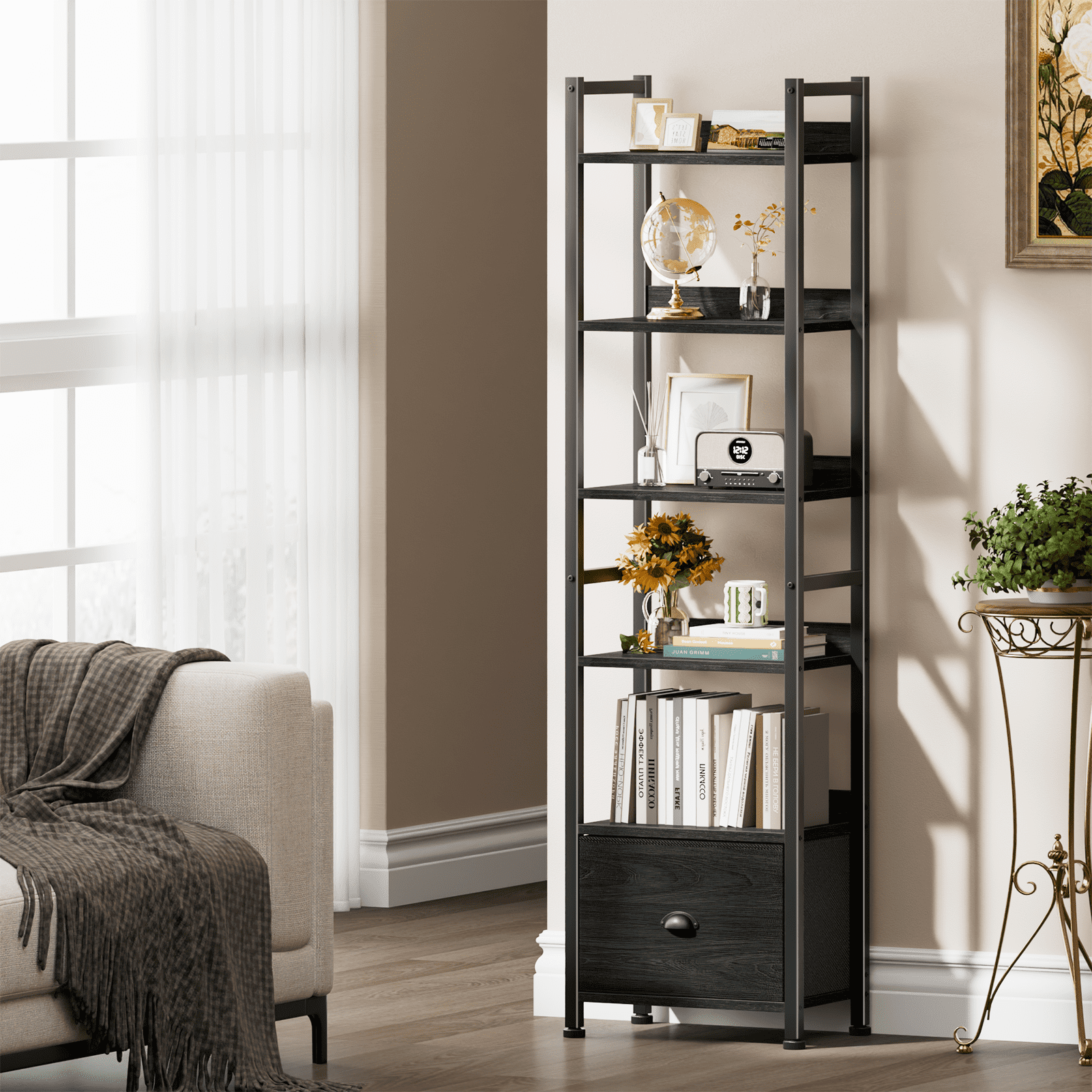 Satifur 6 Tier Industrial Bookcase with Single Removable Drawer, Adjustable Foot Pads, Black Oak Standing Storage Shelf for Living Room & Entryway