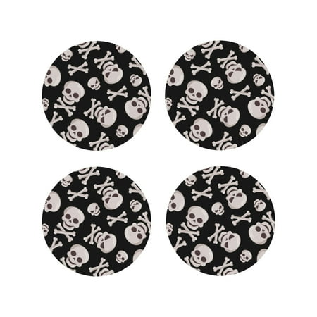 

Drink Coasters Set of 4 black white Skull bone Leather Coasters for Coffee Table Protector Heat Resistant Cute Coasters for Home Decor Housewarming Gifts Bar Kitchen 4 Inch Round Shape