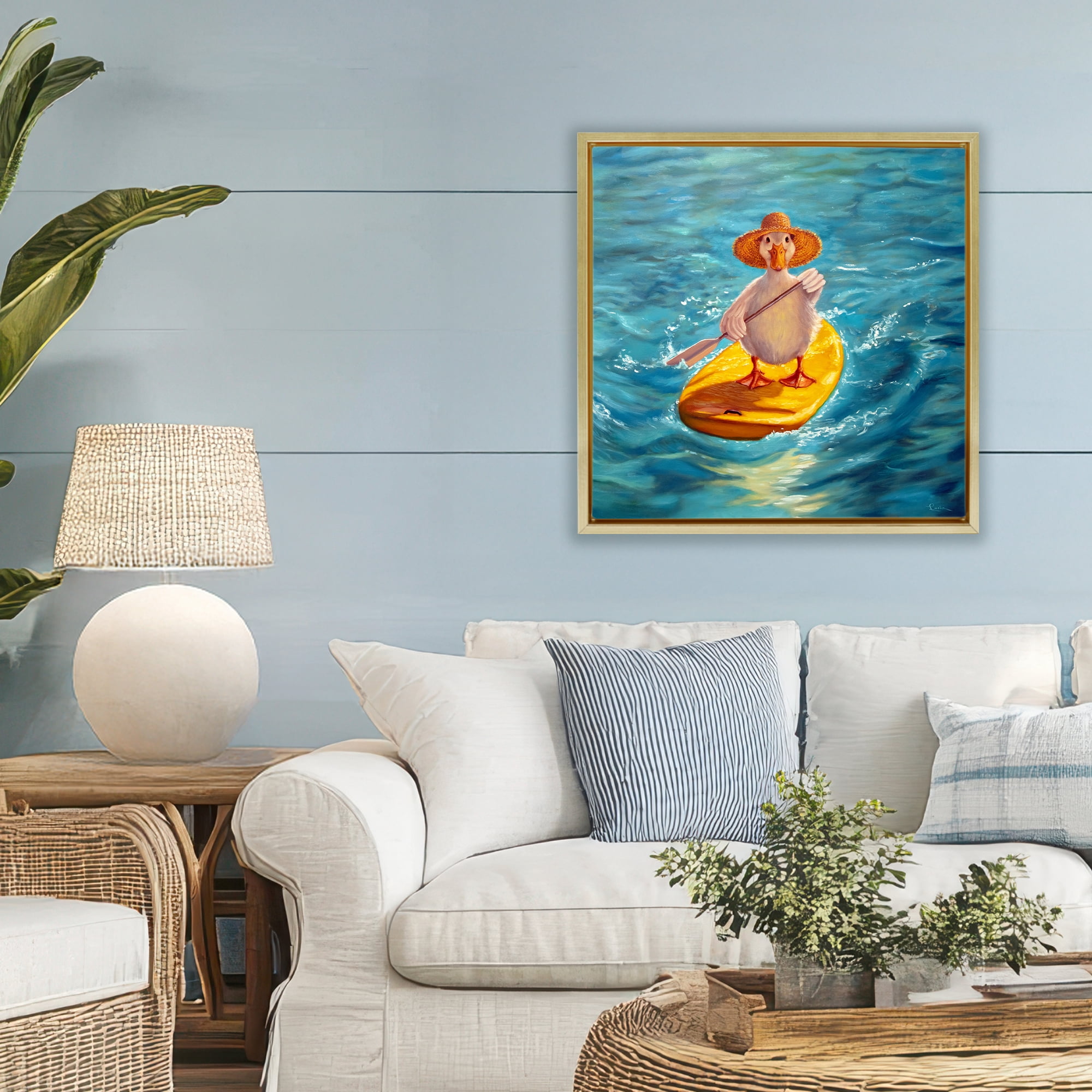 Stupell Industries The Paddler Duck with Straw Hat Gold Framed Floater Canvas Wall Art, design by Lucia Heffernan