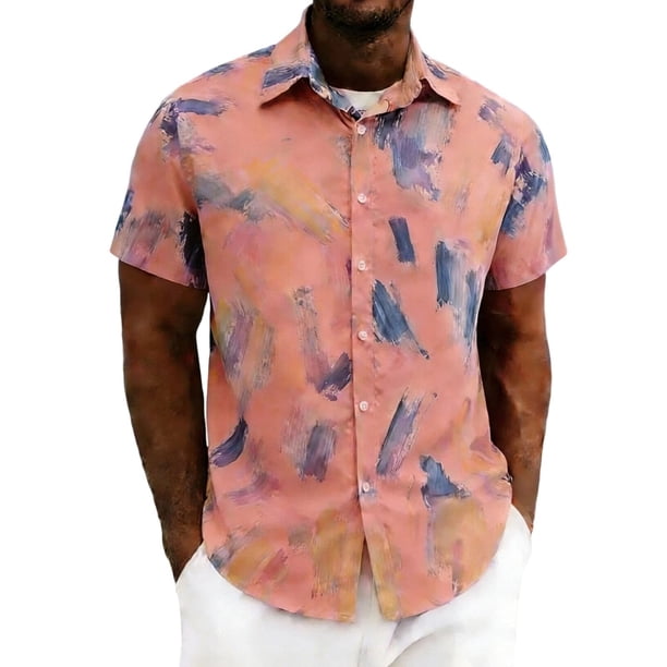 Mens Casual Manga Corta Botón Abajo Camisas Cuello Abierto Impreso Vacaciones de Verano, Camisas de Manga Corta de los Hombres Casual