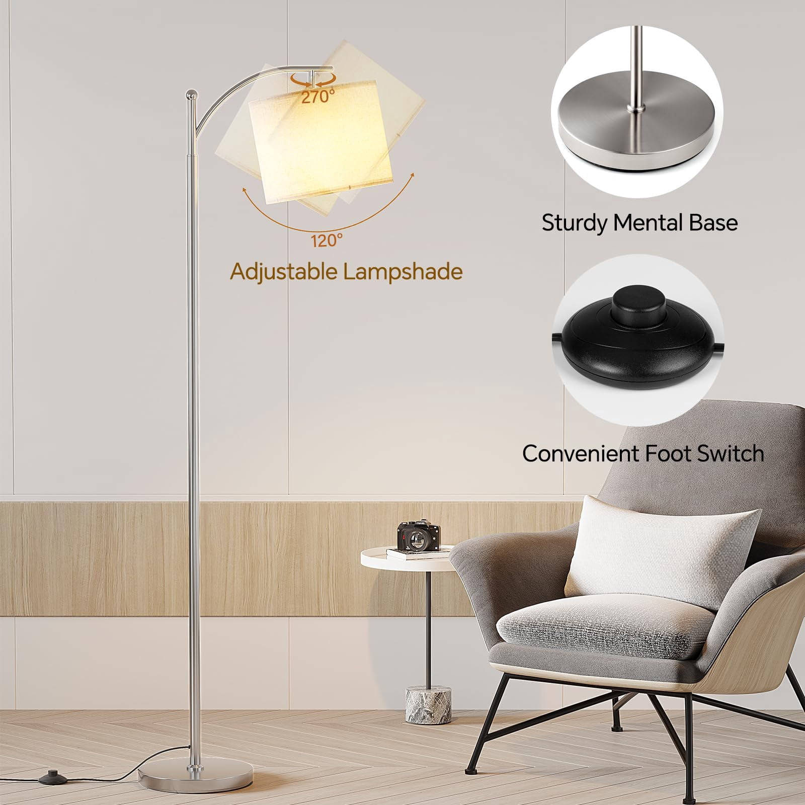 Arc Floor Lamp  Modern With 9w 3 Color Temperatures Bulb Metal Standing Lamps Adjustable Hanging Lampshade Tall For Living Room Bedroom Office