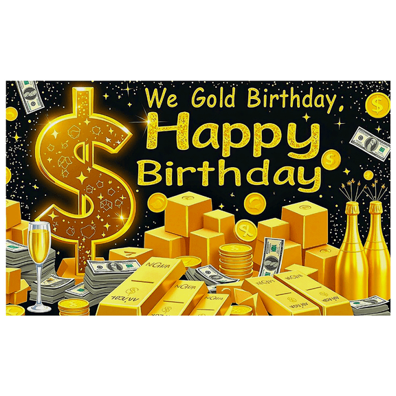 Gold Themed Wealthy Style Happy Birthday Banner Party Decoration Background Backdrop Photography Props for Birthday Parties Celebrations Photo Booths and Festive Events