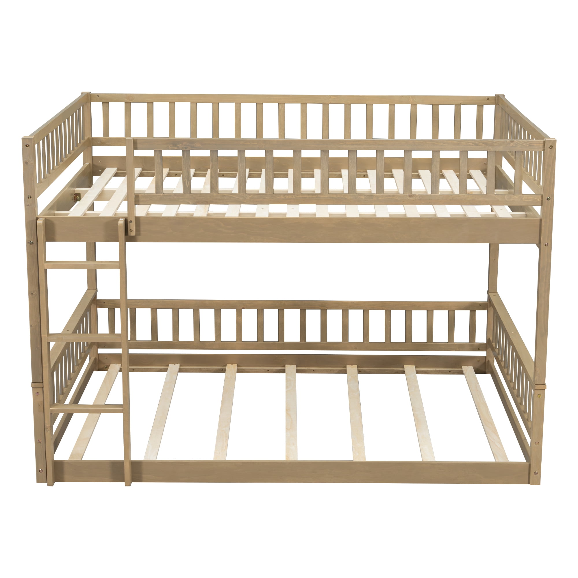 Euroco Wood Queen over Queen Bunk Bed with Ladder and Guardrails, Walnut