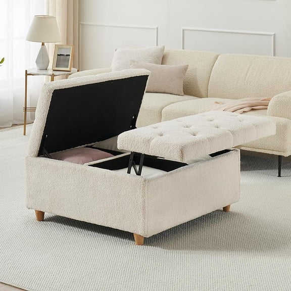 White Sherpa Lift Top Storage Ottoman Coffee Table Square Upholstered Bench