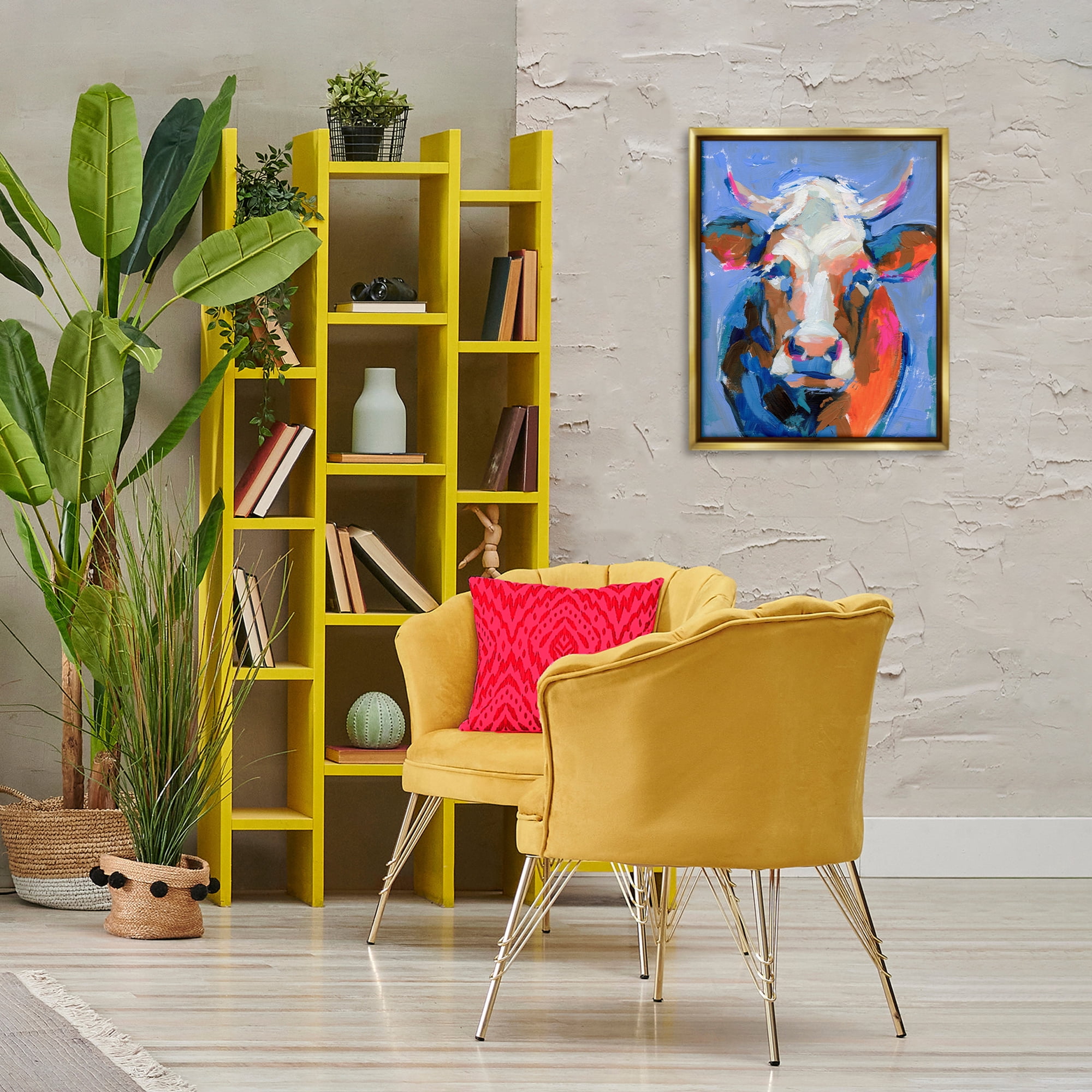 Stupell Industries Bold Paint Strokes Cow Animals & Insects Painting Gold Floater Framed Canvas Art Print Wall Art, 17 x 21