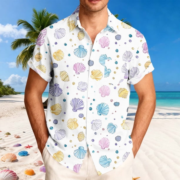 Blusa y camisa de manga corta con cuello vuelto para hombre, blusa informal de moda con cuello vuelto, blusa estampada de manga corta con botones, blusa de poliéster para hombre