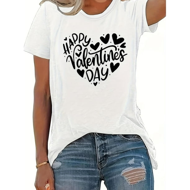 Heart & Letter Print Crew Neck T-Shirt, Valentine's Day Short Sleeve T-Shirt For Spring & Summer, Women's Clothing Tee For Adult, Men, Women, Teen, Teenager, Adolescent, Youth