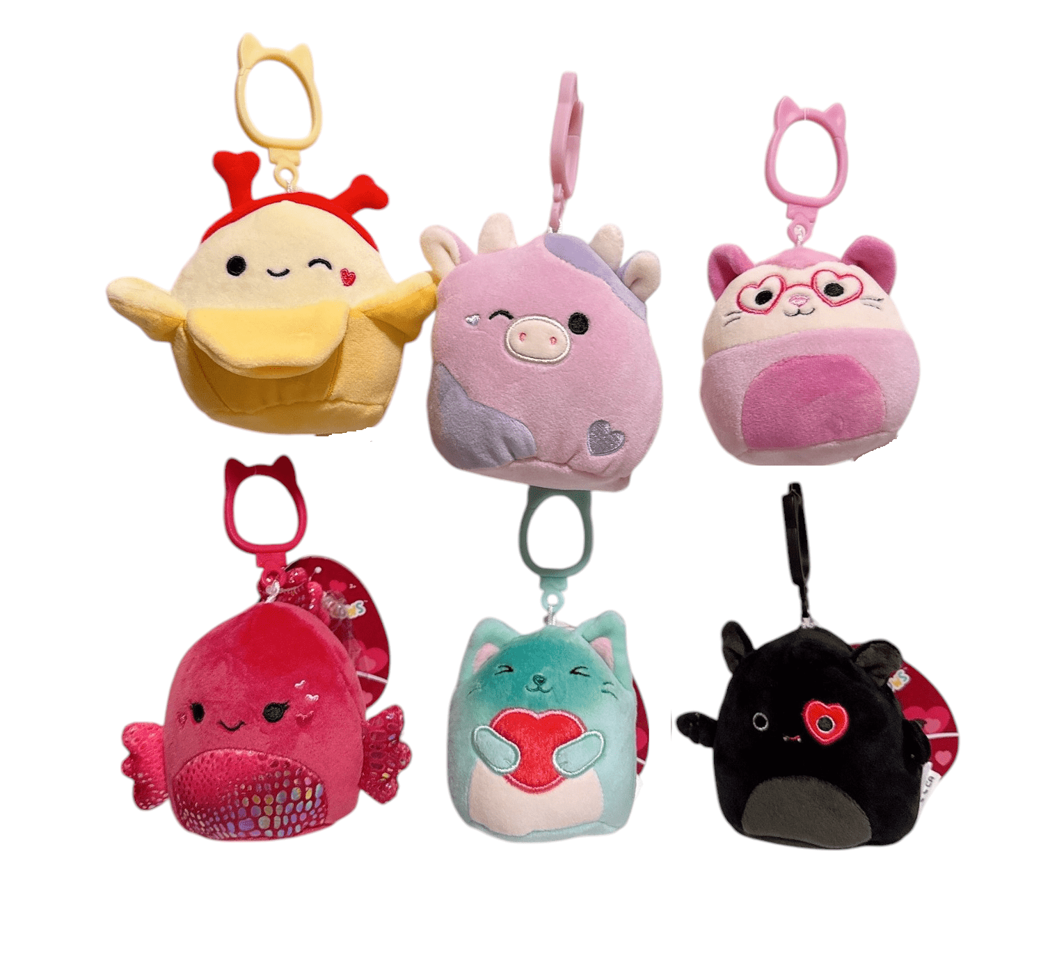 Squishmallow Valentine Clips 3.5" Set of 6 Banana Bat Cat Stuffed Animal Clips
