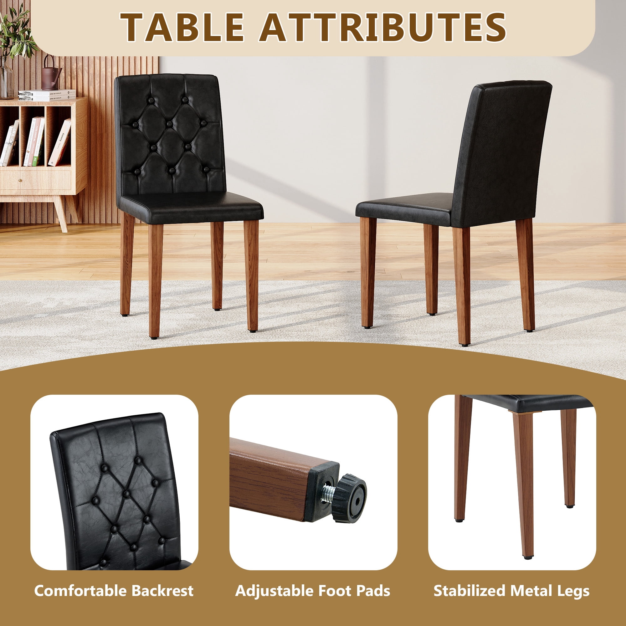 TesNus Dining Chairs Set of 2, 35" Height Black PU Leather Tufted Back Upholstered Chairs with Walnut Metal Legs for Dining Room Kitchen