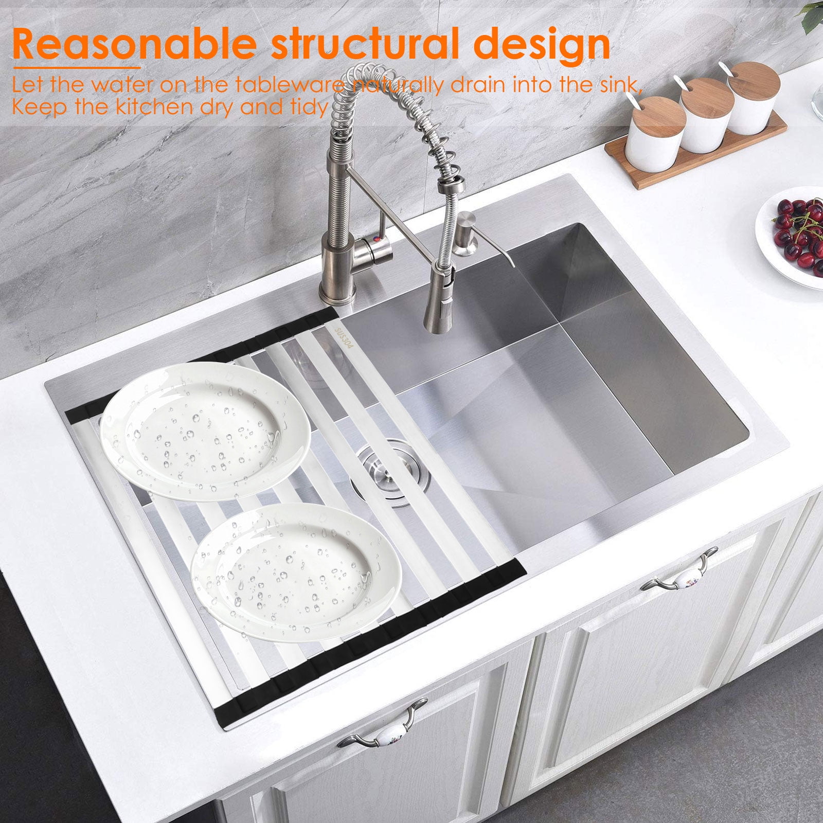 Ikoopy Foldable Roll Up Dish Drying Rack Multipurpose Silicone and Stainless Steel Over Sink Drying Rack for Home Kitchen Sink Counter