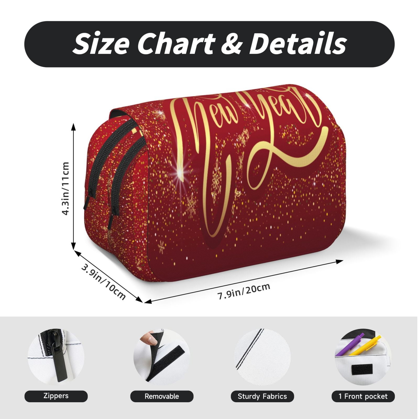 Rateoe Happy New Year Pattern Double Clamshell Pen Case, Storage Organizer with Two Zipper Compartments– Holds Up to 50 Pencils & Pens