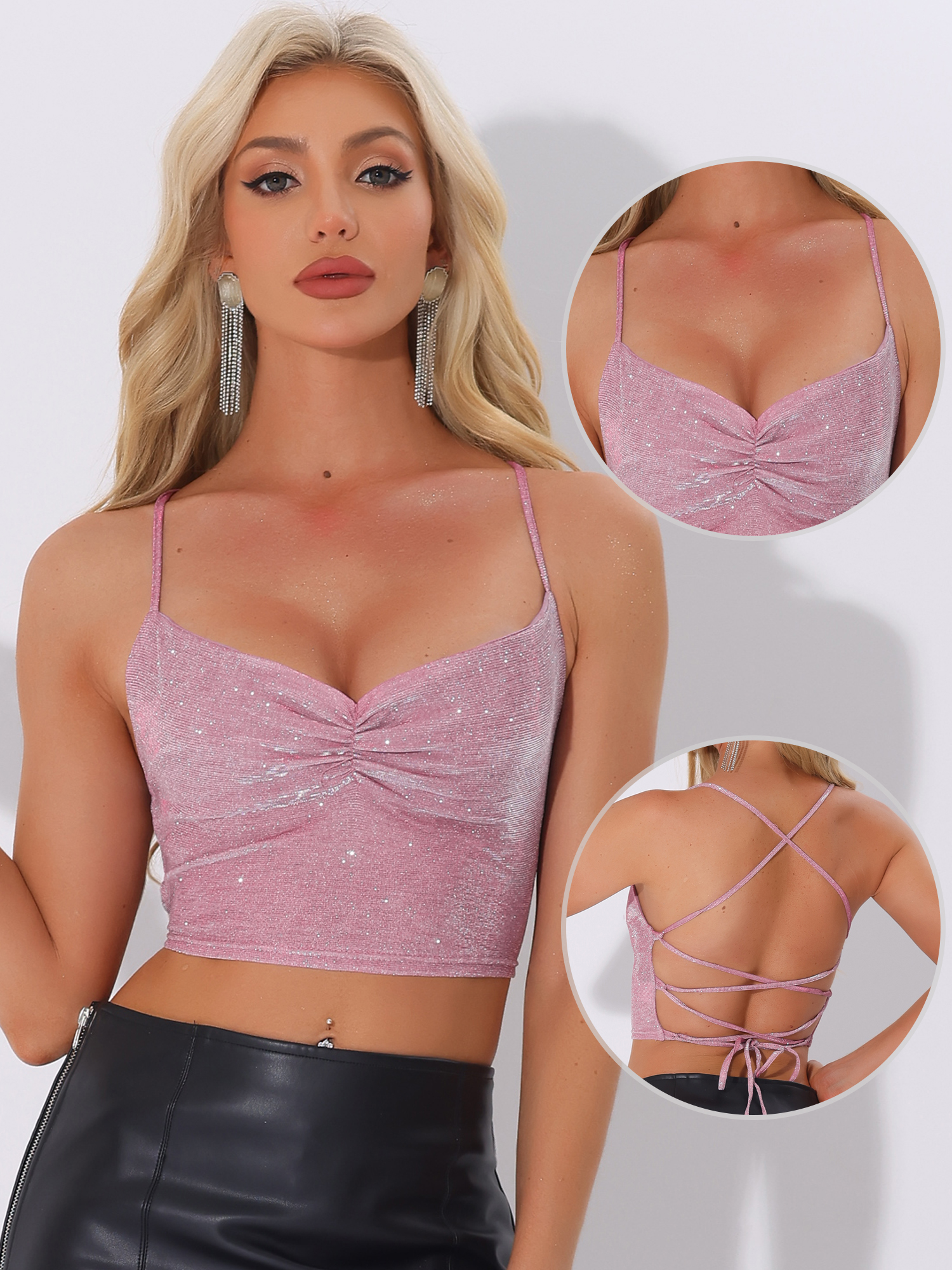 DARING DIVA Women's Glitter Party Crisscross Back Spaghetti Strap L Pink