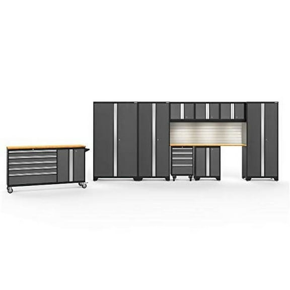 NewAge Products Bold Series Gray 10 Piece Cabinet Set, Heavy Duty 24-Gauge Steel Garage Storage System, Slatwall / LED Lights Included