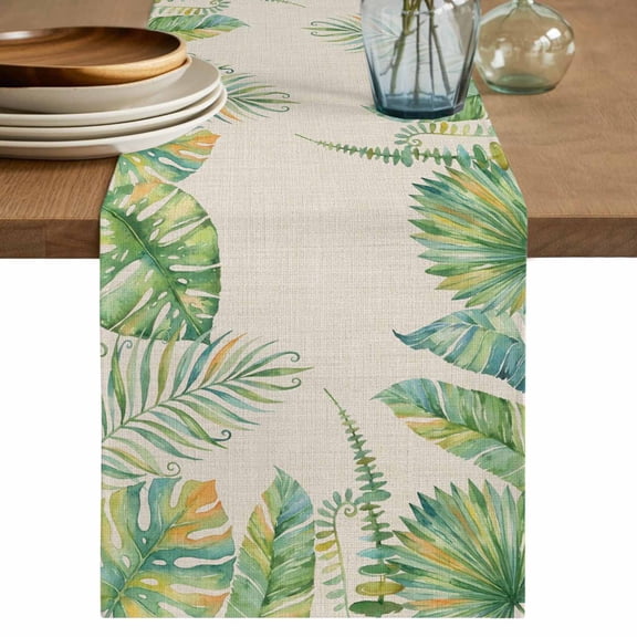 Summer Palm Leaves Table Runner 72 Inches, Watercolor Tropical Leaf Botanical Beige Bed Runner Dresser Scarves Tabletop for Indoor Outdoor Parties/Ceremony/Banquet, 14" x 72"